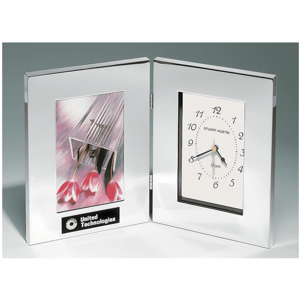 Combination Clock and Photo Frame in Polished Silver Aluminum.