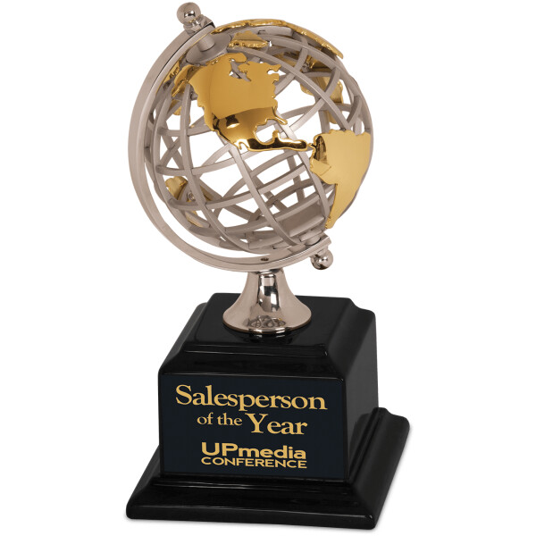 Gold & Silver Metal Globe on Black Piano Finish Base
