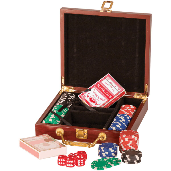 Rosewood Finish Poker Gift Set with 100 or 300 Chips, 2 Decks of Cards & 5 Dice