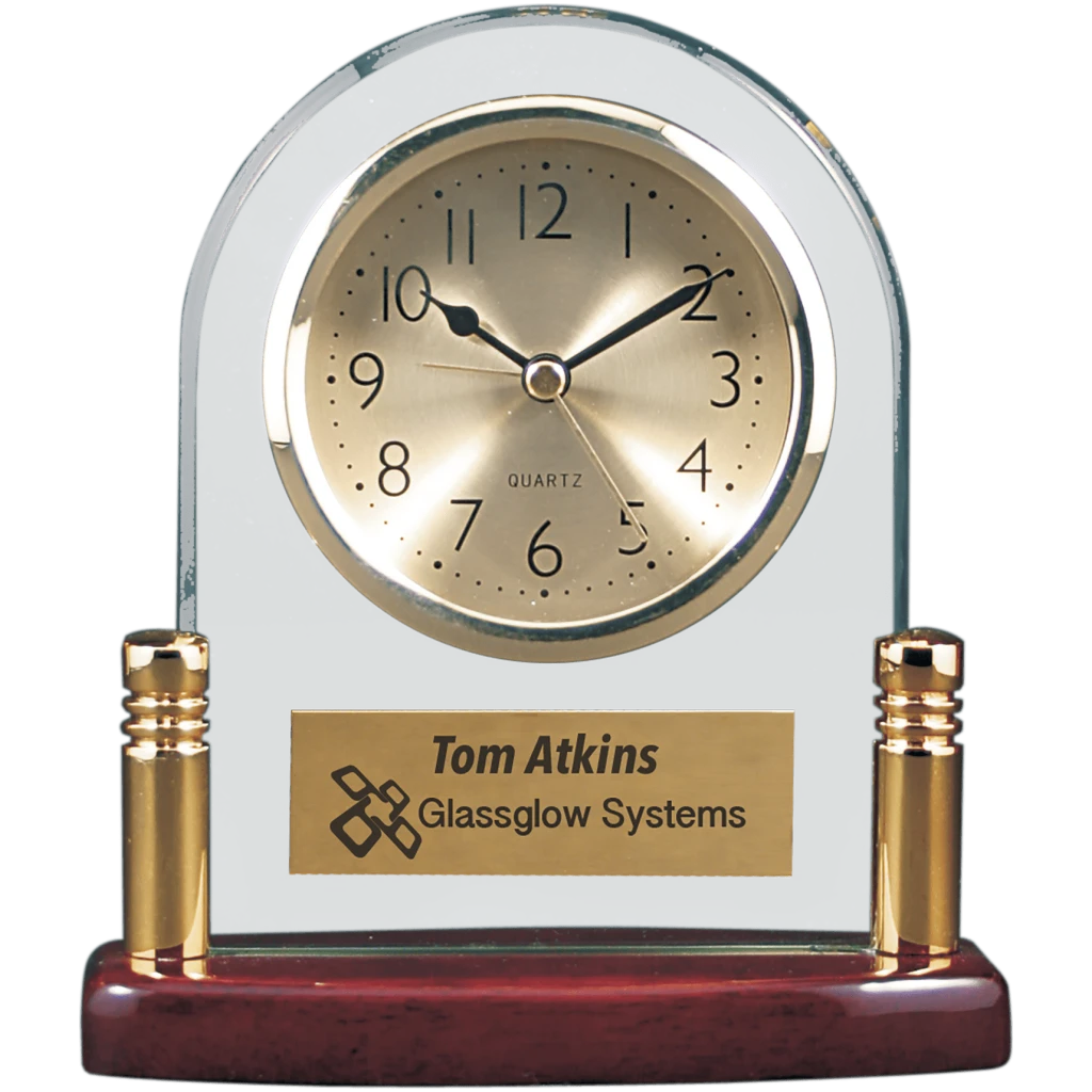 Arch Glass Clock with Posts & Rosewood Finish Base
