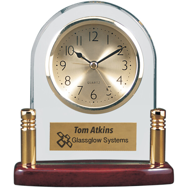 Arch Glass Clock with Posts & Rosewood Finish Base
