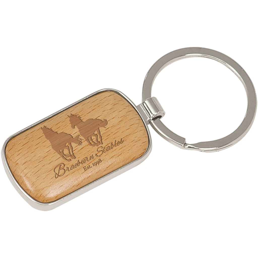 Round Corner Silver & Wood Keychain